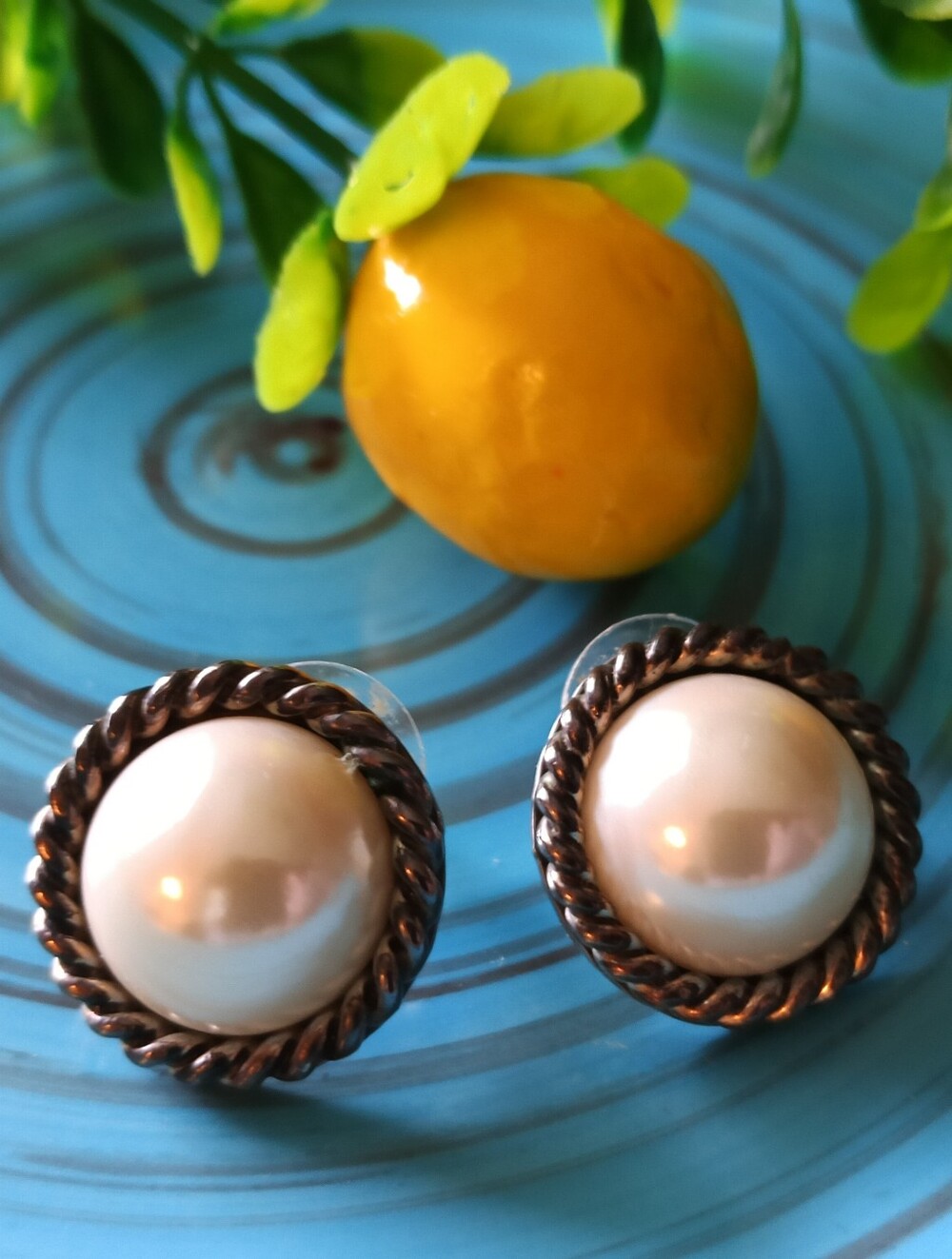 Vintage Mexico Sterling Silver 925 Twisted Rope Pearl Stud Earrings (1 3/4")